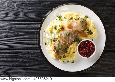 Meatballs Lihapullat With Mashed Potatoes And Lingonberry Jam Close-up In A Plate On The Table. Hori