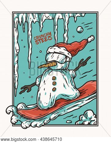 Winter Snowman In Snow Goggles On Snowboard For Print Design. Winter Ice Design With Iceman And Icic