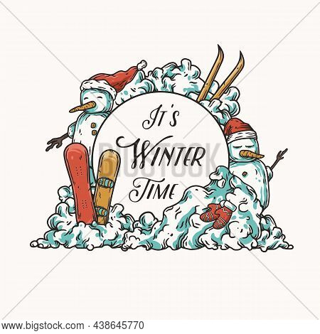 Winter Snowmans And Snowdrift For Design Background. Snow Ice Design With Iceman, Snowboard And Skis
