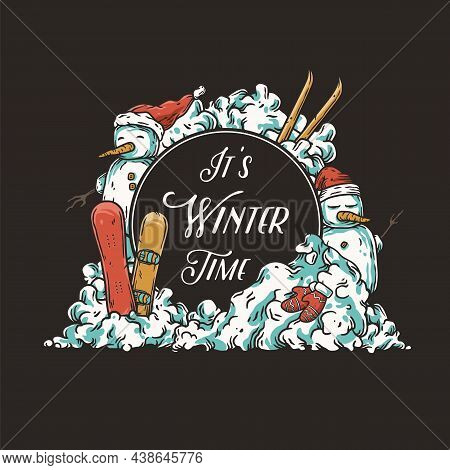 Winter Snowmans And Snowdrift For Design Background. Snow Ice Design With Iceman, Snowboard And Skis