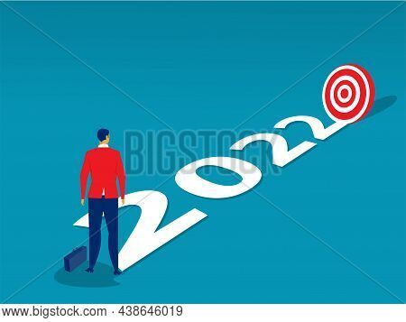 Businessman Looking 2022 Years Go To Goal Or Target Plan Further Concept Flat Vector Cartoon Illustr