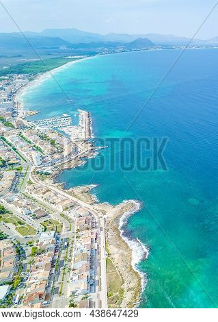 Beautiful Coast Beach Drone Landscape Panorama Can Picafort Mallorca Spain.