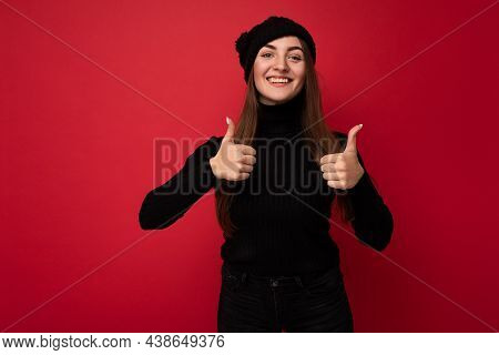 Photo Of Young Positive Happy Attractive Brunette Woman With Sincere Emotions Wearing Black Roll-nec