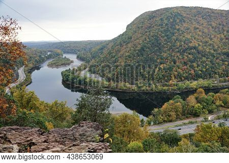 The Aerial View Of The Traffic, Delaware Water Gap And Scenery Of Fall Foliage From The Top Of Mount
