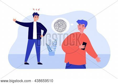 Father Scolding Son In Confusion. Teenager Misunderstanding Argument Of Angry Parent Flat Vector Ill