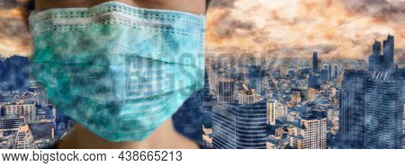 Asian Woman Wear Face Mask To Protect Pm 2.5 Dust And Air Pollution With Cityscape On Background. Gi