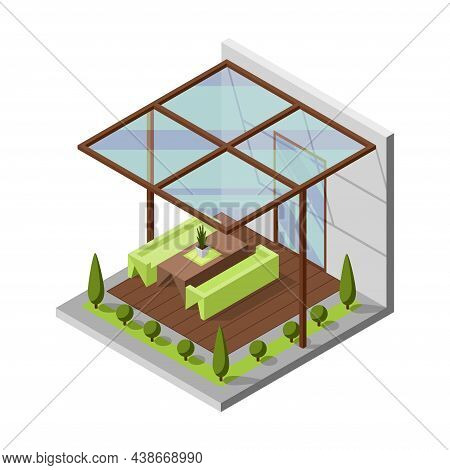 Inner Courtyard Isometric Composition With Patio. House With A Private Terrace And Transparent Glass