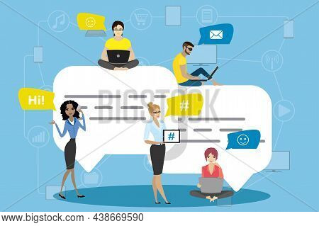 Speech Bubbles For Comment And Reply People, Men And Women Using Smart Gadgets For Texting, Stock Fl