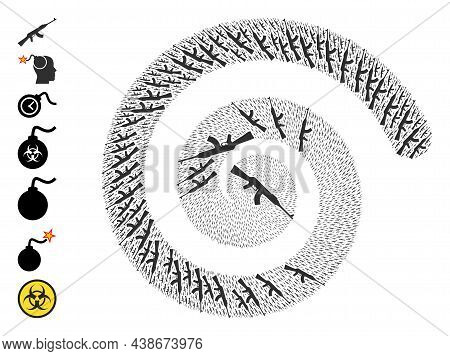 Kalashnikov Gun Icon Spiral Mosaic. Kalashnikov Gun Elements Are United Into Spiral Design Concept. 