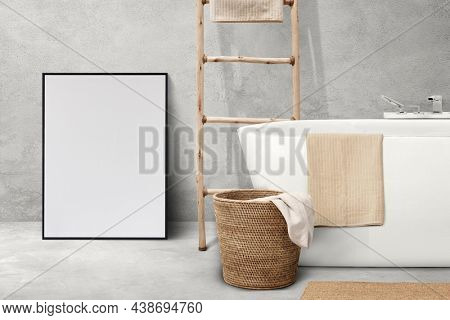 Japandi bathroom interior design with wooden furniture
