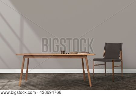 Japandi dining room interior design with wooden table