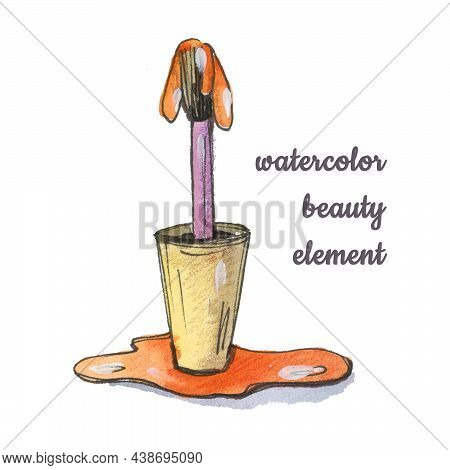 Nail Polish Drobs And Brush Watercolor Drawing On White Background. Watercolour Gradient Orange And 