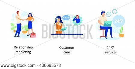 Relationship Marketing, Customer Care, 24 Hours 7 Days Service. Customer Loyalty Abstract Concept Ve