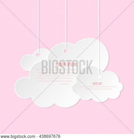Cloud Paper Cut White Flat Set. 3d Origami Weather Infoboard Advertising Postcard Blank Banner Cloud