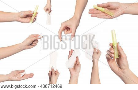 Set Of  Female  Hands  Holding Care Objects  -  Pads And Tampon Sisolated On White Background - Imag