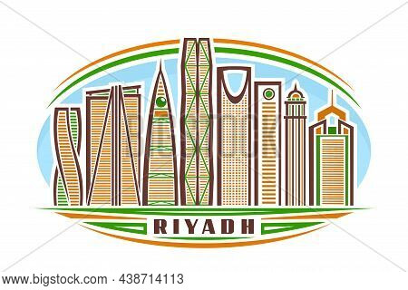 Vector Illustration Of Riyadh, Horizontal Sign With Linear Design Famous Riyadh City Scape On Day Sk