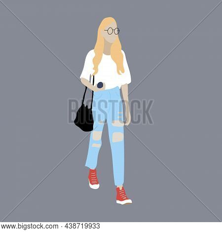 Vector Illustration Of Kpop Street Fashion. Street Idols Of Koreans. A Girl In Blue Jeans, Red Sneak