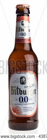 Groningen, Netherlands - October 31, 2021: Bottle Of German Non-alcoholic Bitburger Grapefruit Beer 