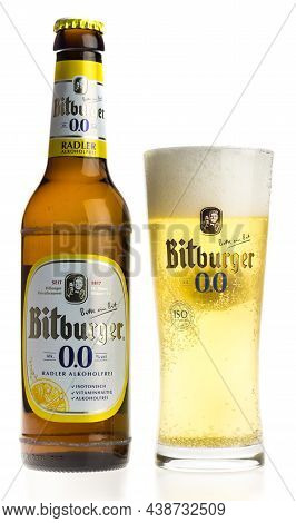 Groningen, Netherlands - October 31, 2021: Bottle And Glass Of German Non-alcoholic Bitburger Lemon 