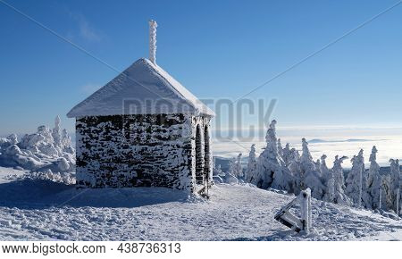 Small Stone Shelter In Winter Mountains, Jeleni Studanka, Jeseniky, Czech Republic.