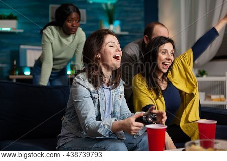 Happy Excited Women Playing Videogames Using Gaming Controller Winning Online Competition Enjoying S