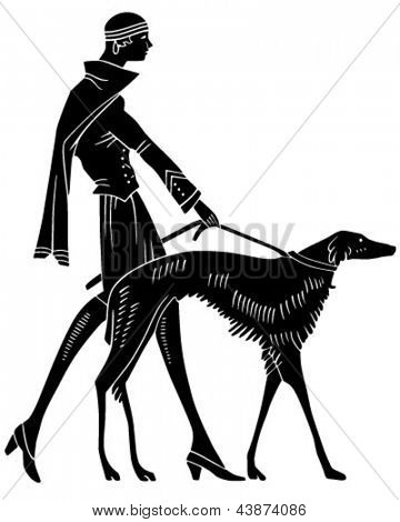 Art Deco kobieta z psem - Retro clipartów ilustracja