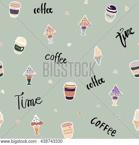 Seamless Vector Pattern In Boho Colors With Coffee Time Elements Such As Coffee Cups, Ice Cream, Let
