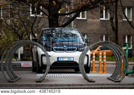 Riga, Latvia, November 2, 2021: Bmw I3 Electric Car Is Parked On A Sidewalk, The I3 Is Bmw First Zer