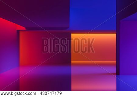 Colorful Illumination In Indoor Spaces. Modern Night Club And Dance Hall Interior Or Creative Scener