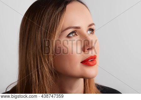 Close Up Womans Face With Plump Lips With Red Matt Lipsick. Beauty Fashion Portrait Personal Make Up