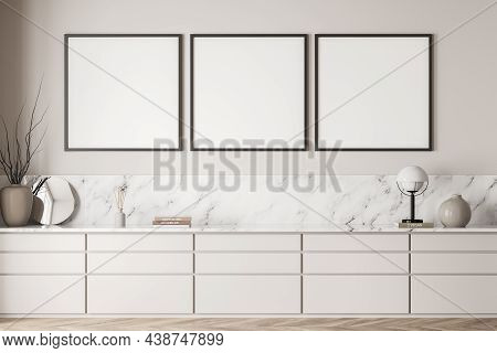 Three Empty Square Canvases In White Corridor Interior With Extra Large Sideboard Design, Using Marb
