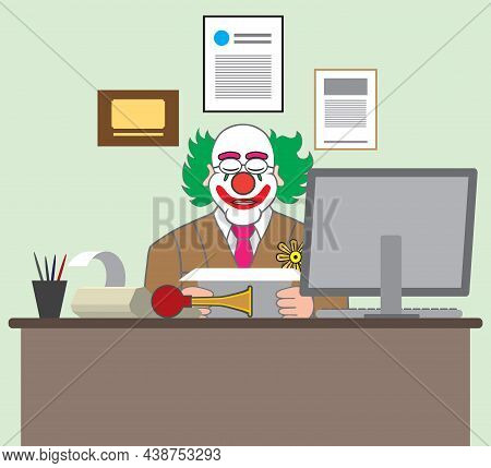 A Clown Is Sitting At His Office Desk Examining A Sheet Of Paper