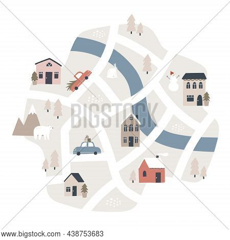 Winter Town Map. Hand Drawn Vector Illustration For Greeting Card Or Kids Design