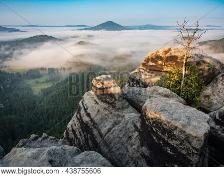 Autumnal Misty Foggy Morning In Valley Of Bohemian Switzerland Park, Hills With Fog, Landscape Of Cz