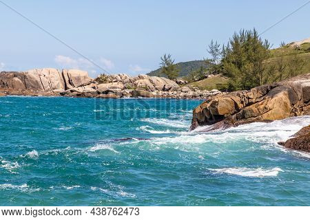 Cliff Rocks With Vegetation And Waves