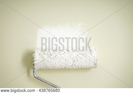 Roller Brush Painting, Painting Apartment, Renovating With White Color Paint, Space For Text.