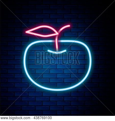 Glowing Neon Line Apple Icon Isolated On Brick Wall Background. Excess Weight. Healthy Diet Menu. Fi