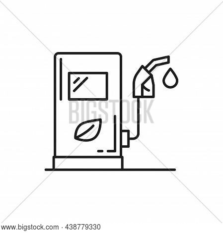 Green Biofuel, Fuelling Nozzle And Cabine Isolated Thin Line Icon. Vector Station Service With Biodi