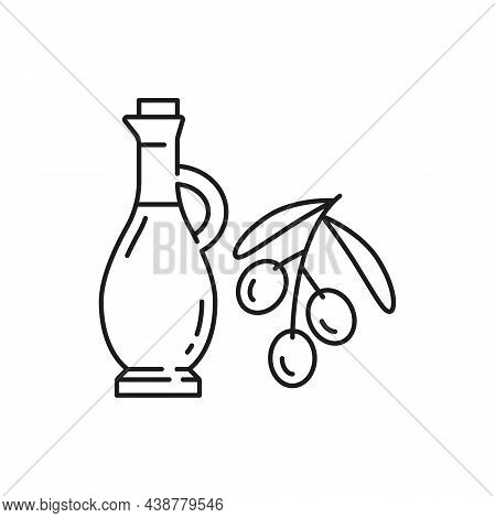 Portuguese Oils On Twig With Leaves Isolated Thin Line Icon. Vector Natural Cosmetics And Jug Glass 