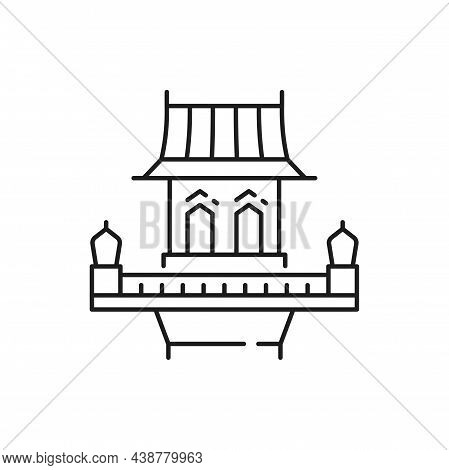 Retro Thailand Building Isolated Old Street House With Balcony, Thin Line Icon. Vector Oriental Land