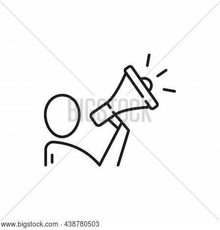 Person Speak In Megaphone Isolated Thin Line Icon. Vector Business Man Speaker Announce Or Proclaim 