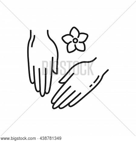 Hand Care Cosmetics And Flower Isolated Outline Icon. Vector Skincare Products, Female Hands, Freshn