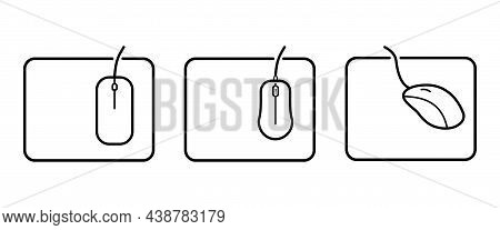 Computer Mouse On A Mouse Pad. Vector Line Icon Set. Black Outline Isolated On A White Background.