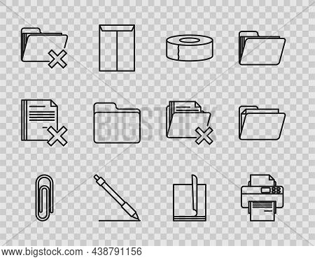 Set Line Paper Clip, Printer, Scotch, Pen Line, Delete Folder, Document, File Document And Icon. Vec