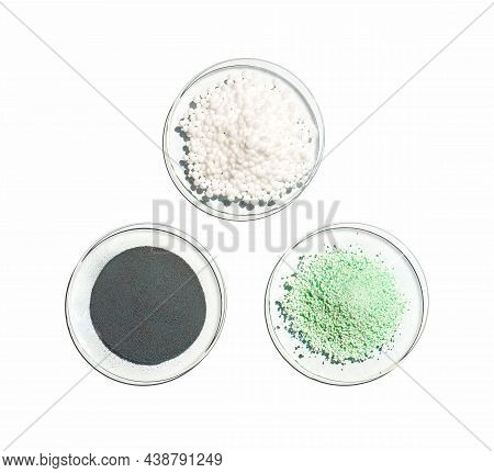 Carbamide, Ferrous Sulfate And Zinc Powder In Chemical Watch Glass. Close Up Chemical Ingredient On 