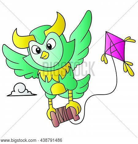The Owl Flew Into The Sky Carrying The Kite Into The Sky, Vector Illustration Art. Doodle Icon Image