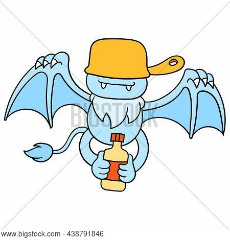 A Bat In A Pot Hat Flew Blindfolded Carrying A Bottle Of Sauce, Vector Illustration Art. Doodle Icon