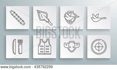 Set Line Bow And Arrow In Quiver, Hipster Tip, Hunting Jacket, Moose Horns On Shield, Target Sport F