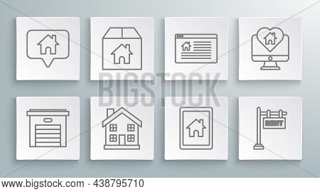 Set Line Garage, Cardboard Box With House, Home Symbol, Tablet And Smart Home, Hanging Sign Text Ren