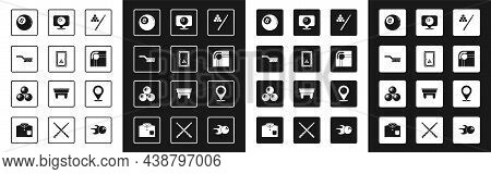 Set Billiard Cue And Ball, Table, Pool Brush, Location With Billiard, Bowling And Icon. Vector